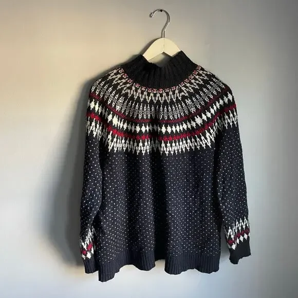 Eddie Bauer Navy Blue Wool Blend Fair Isle Mock Neck Sweater Size Extra Large XL - Picture 2 of 6